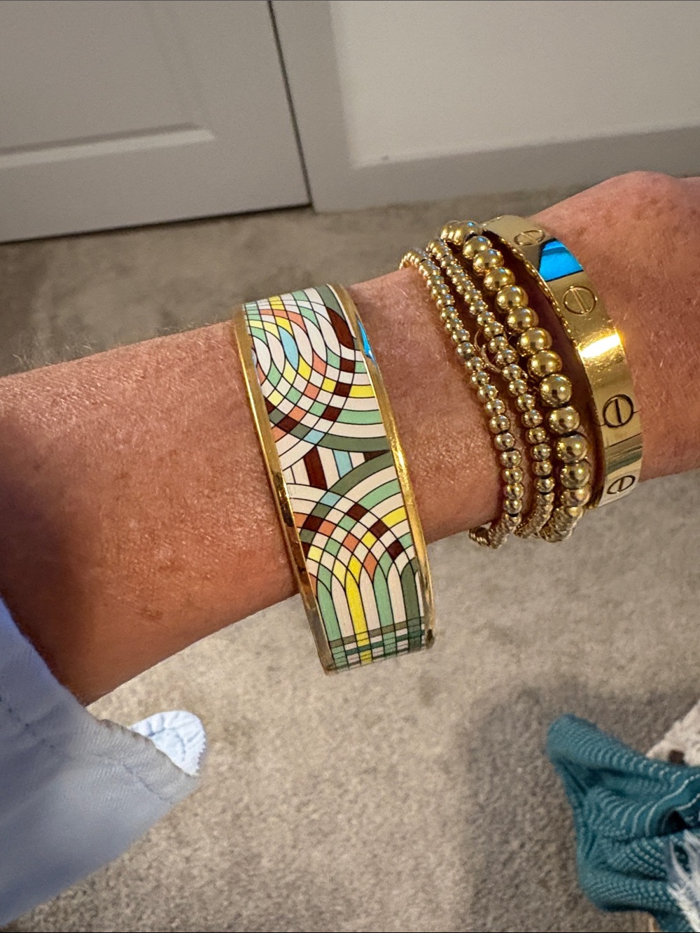 Hermes Gold-Tone Multicolor Enamel Art Deco Bangle